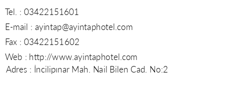 Ayntap Hotel telefon numaralar, faks, e-mail, posta adresi ve iletiim bilgileri